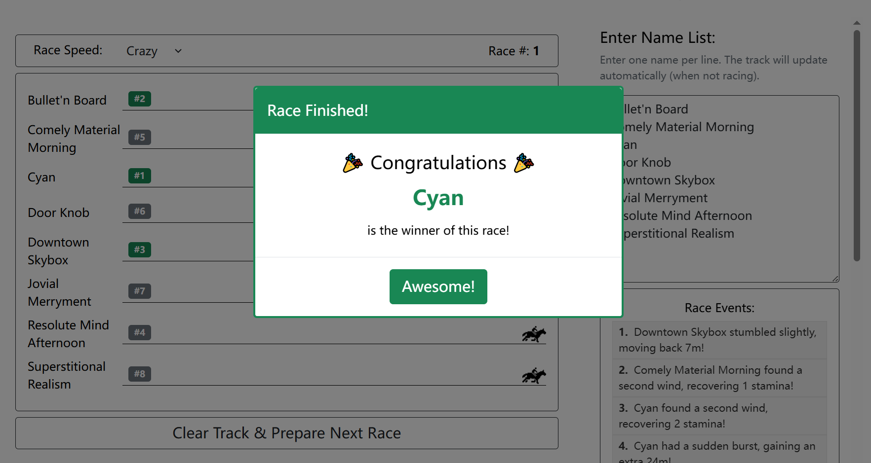 The race track showing horses mid-race.