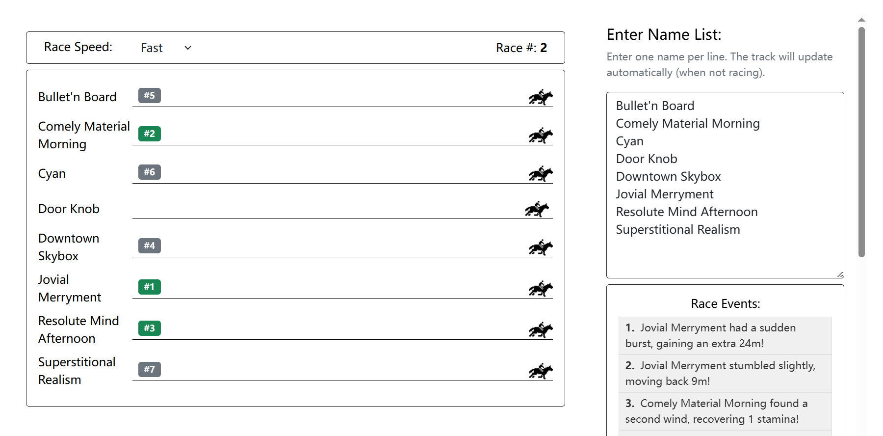 A pop-up modal announcing the winner of the race.